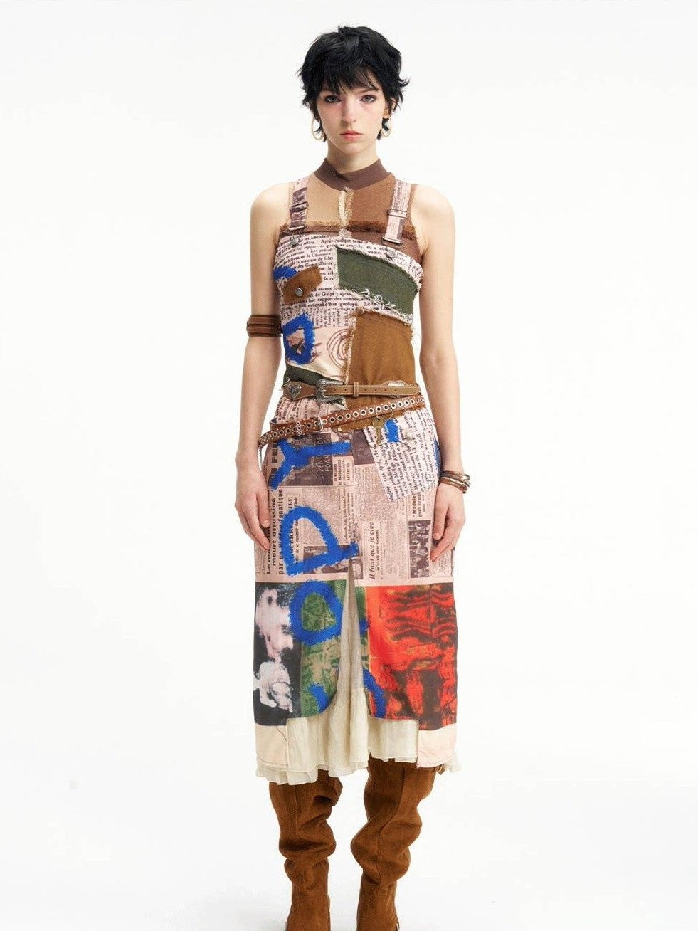 NextPassport MOF Newspaper Graffiti Strappy Slit Women's Polyester Slip Midi Dresses