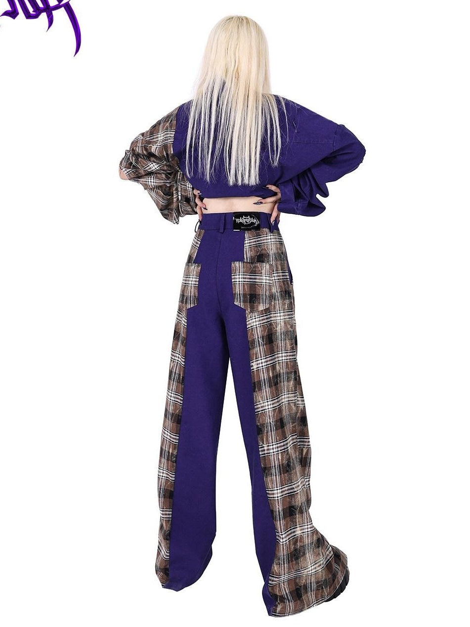 PINKSPINK Dream Purple Patchwork Zipper Plaid Asymmetric Pocket Women's Wide-leg Pants