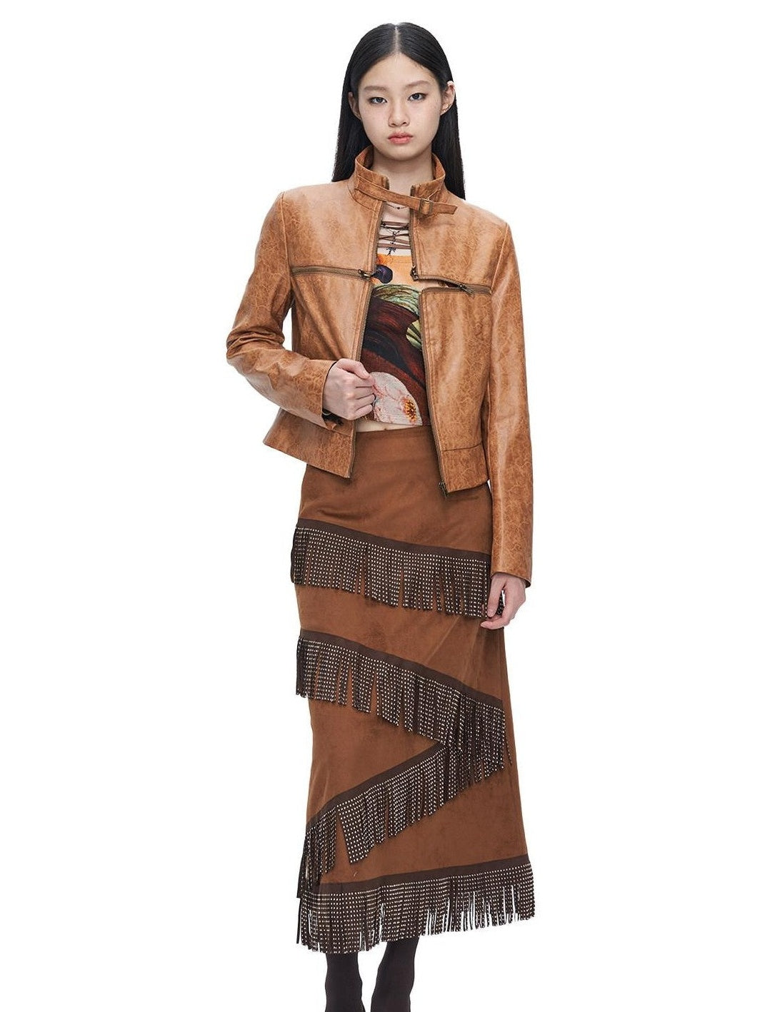 NextPassport MOF Brown Suede Fringe H Line Slim Fit Women's Polyester Maxi Skirts