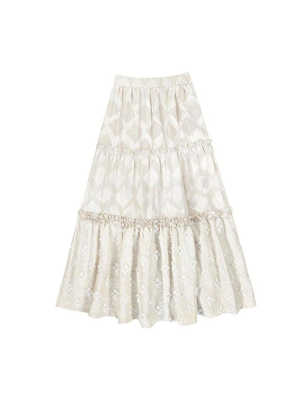 SENSELF Beige Lustrous Vintage Lace Ruffled Women's Cotton Linen Tiered Skirts