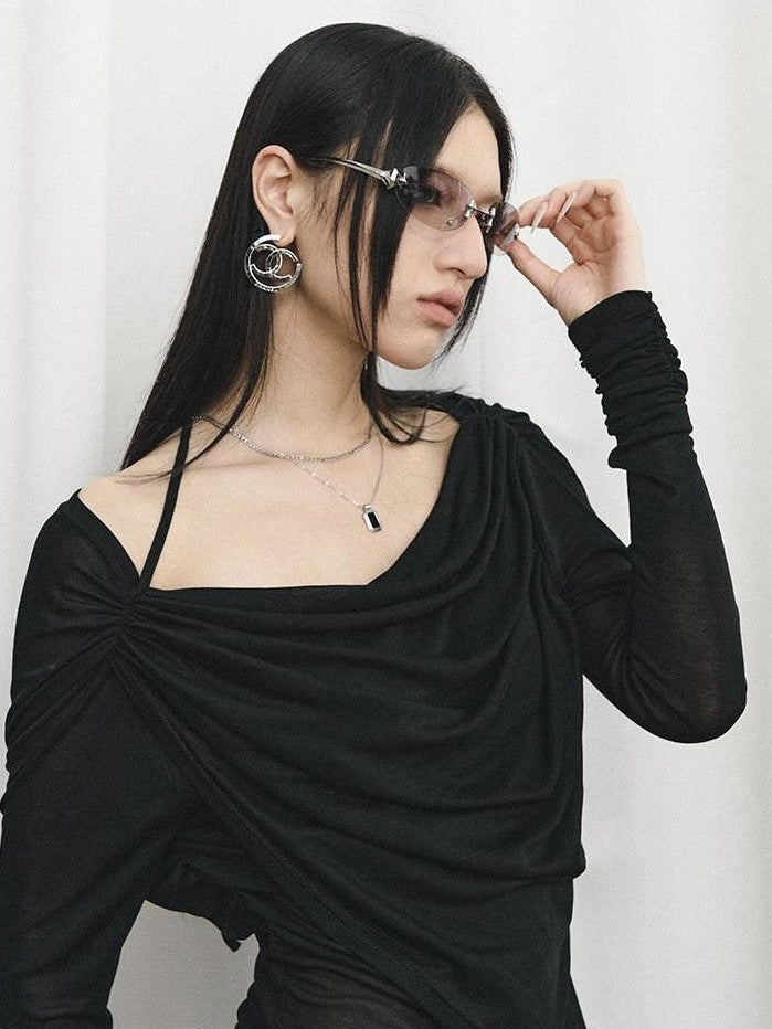 Fanptntox Black Rhinestone Tie V-neck Slim Women's Tencel Low Waist Matching Skirt Sets