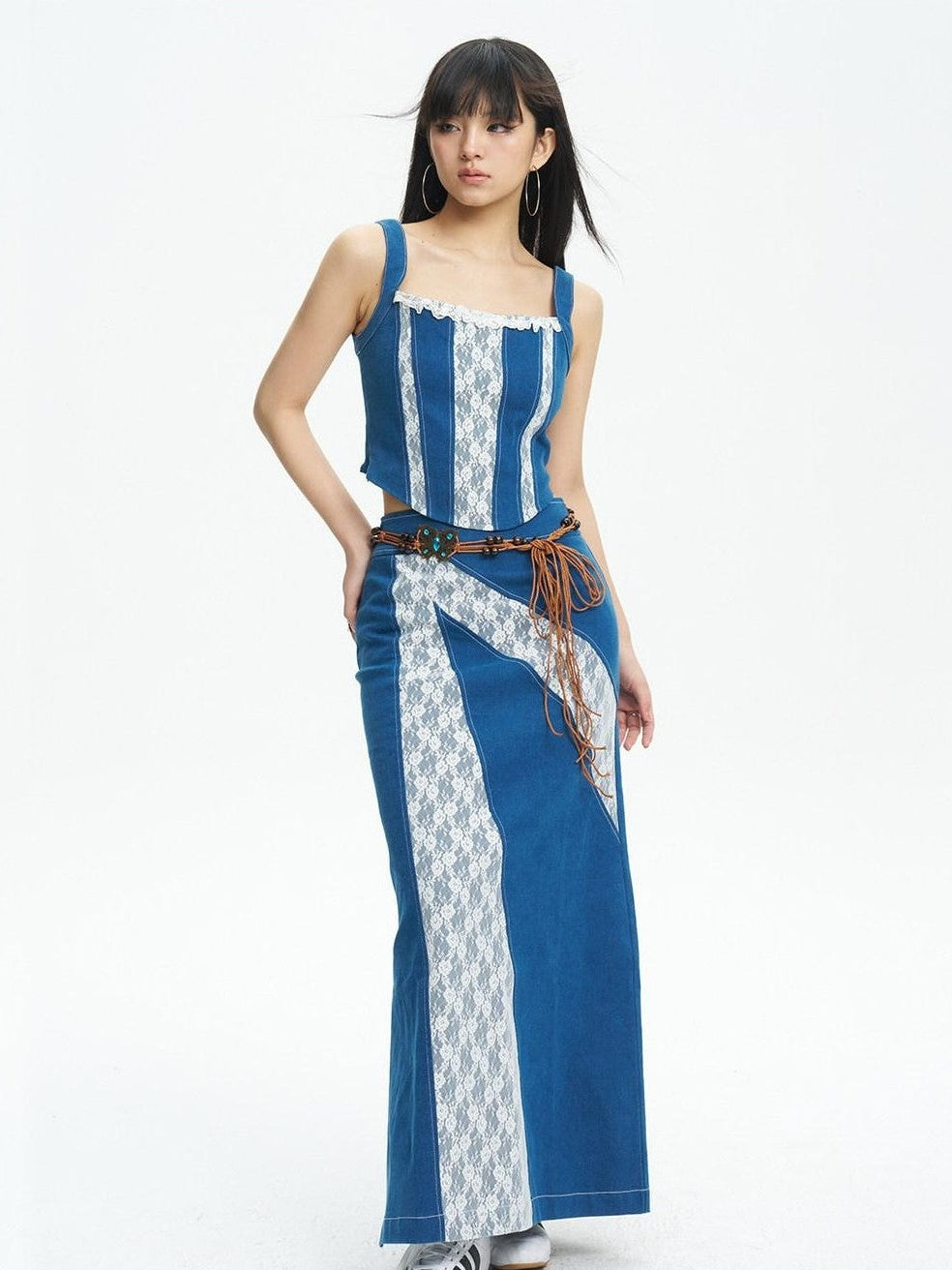 NextPassport MOF Retro Lace Patchwork Colorblock High Waist Women's Denim Maxi Skirts