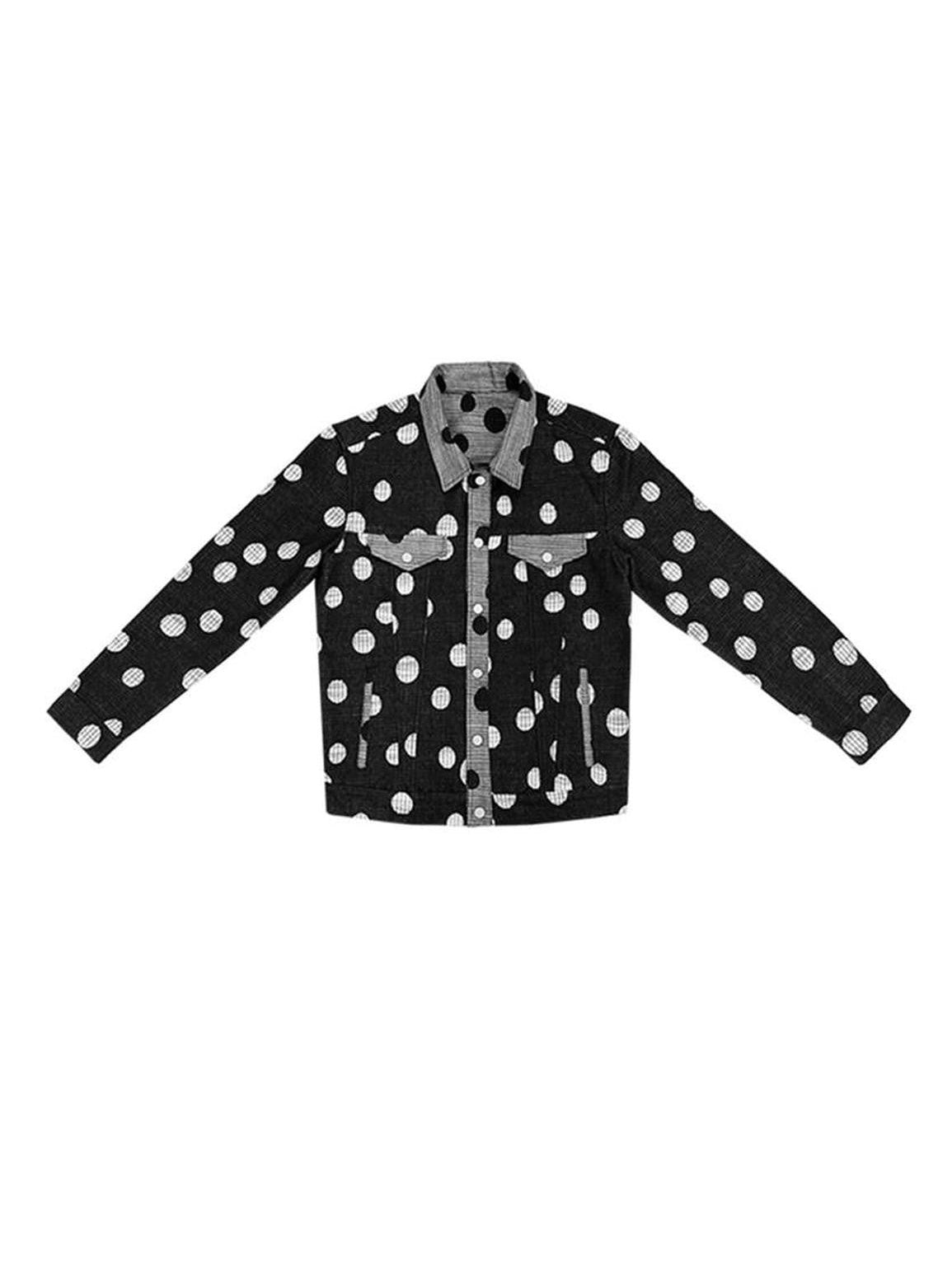 SENSELF Navy Black Colorblock Cropped Polka Dot Print Women's Denim Jackets