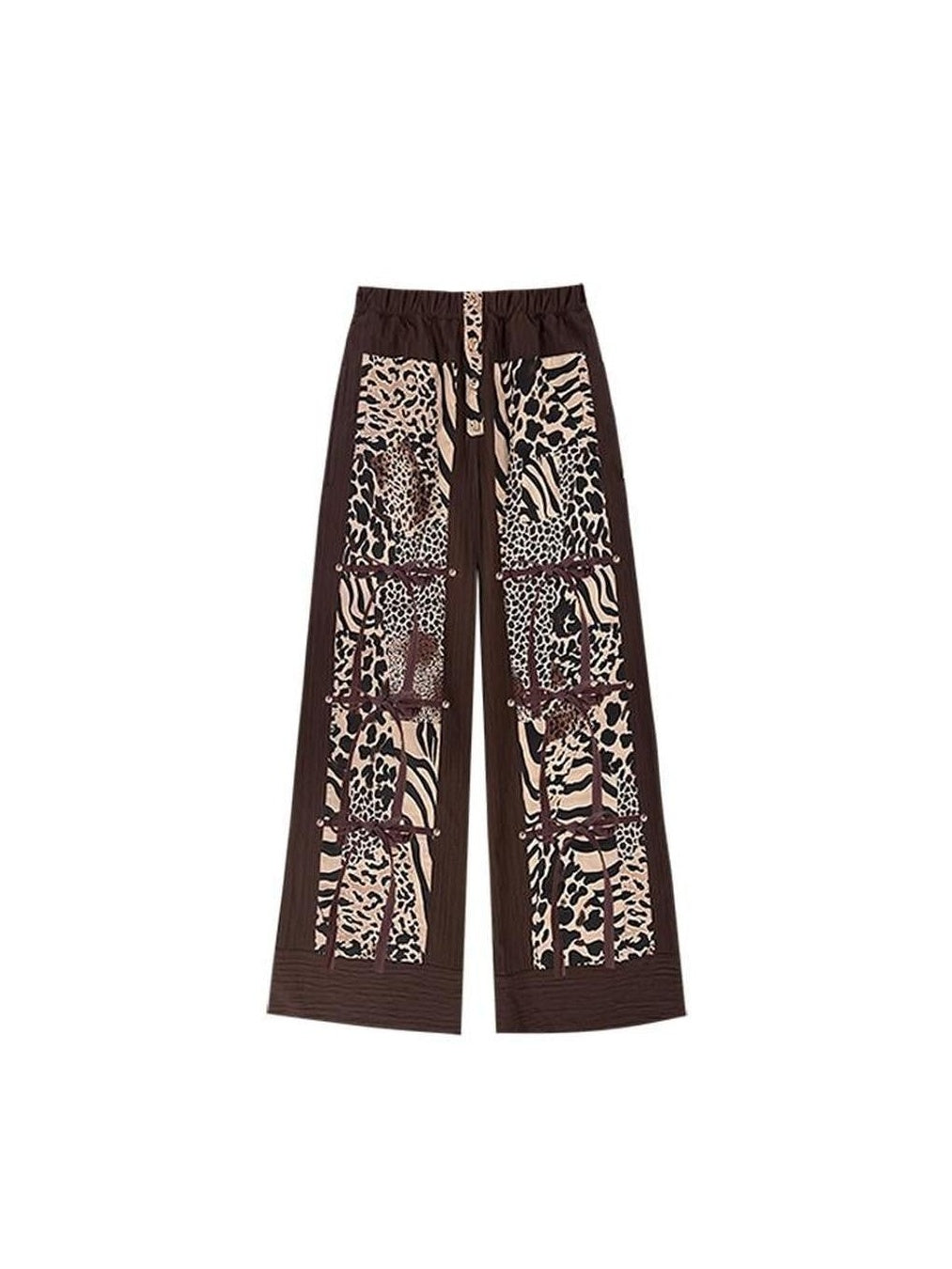 SENSELF Brown Leopard Print Removable Tie Bow Straps Women's Wide-leg Pants