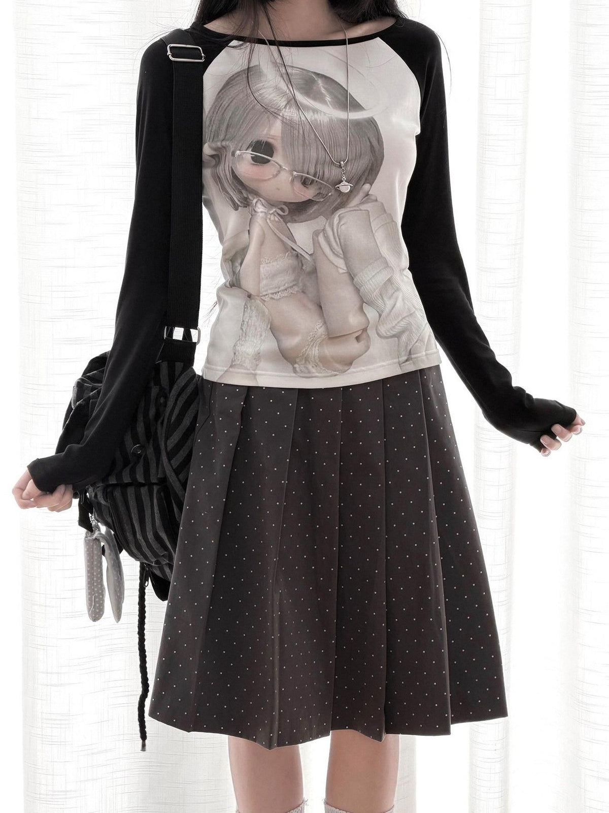 Kyouko Baby Bjd Doll Printed Black White Raglan Sleeve Women's Long Sleeve T-shirts