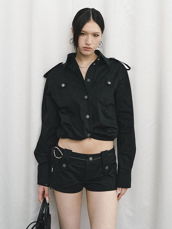 Fanptntox Black Oversized Cargo Shirt Jacket Women's Cotton Casual Top & Shorts Sets