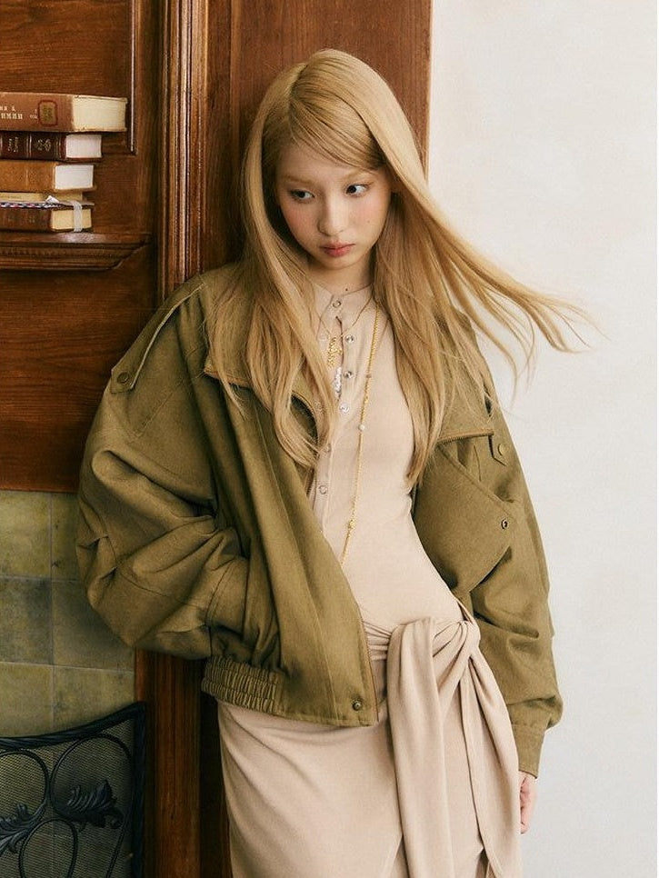 SereneEase Khaki Distressed Plaid Zipper Collar Elastic Hem Women's Utility Jackets