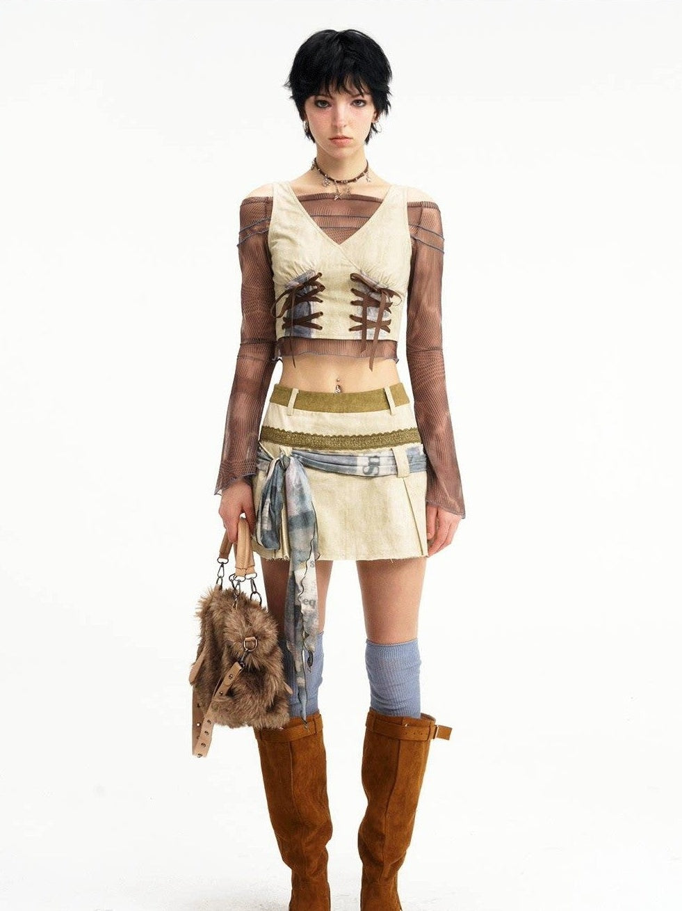 NextPassport MOF Wasteland Double Tie Strap Patchwork Women's Cotton Blend Matching Skirt Sets