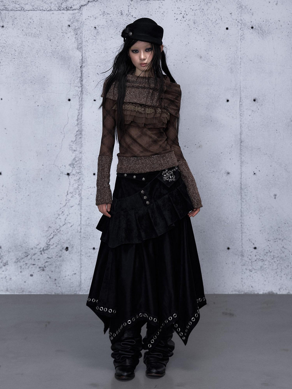 NO ROMANCE Edgy Asymmetrical High Waist A Line Loose Gothic Pu Suede Patchwork Maxi Skirts