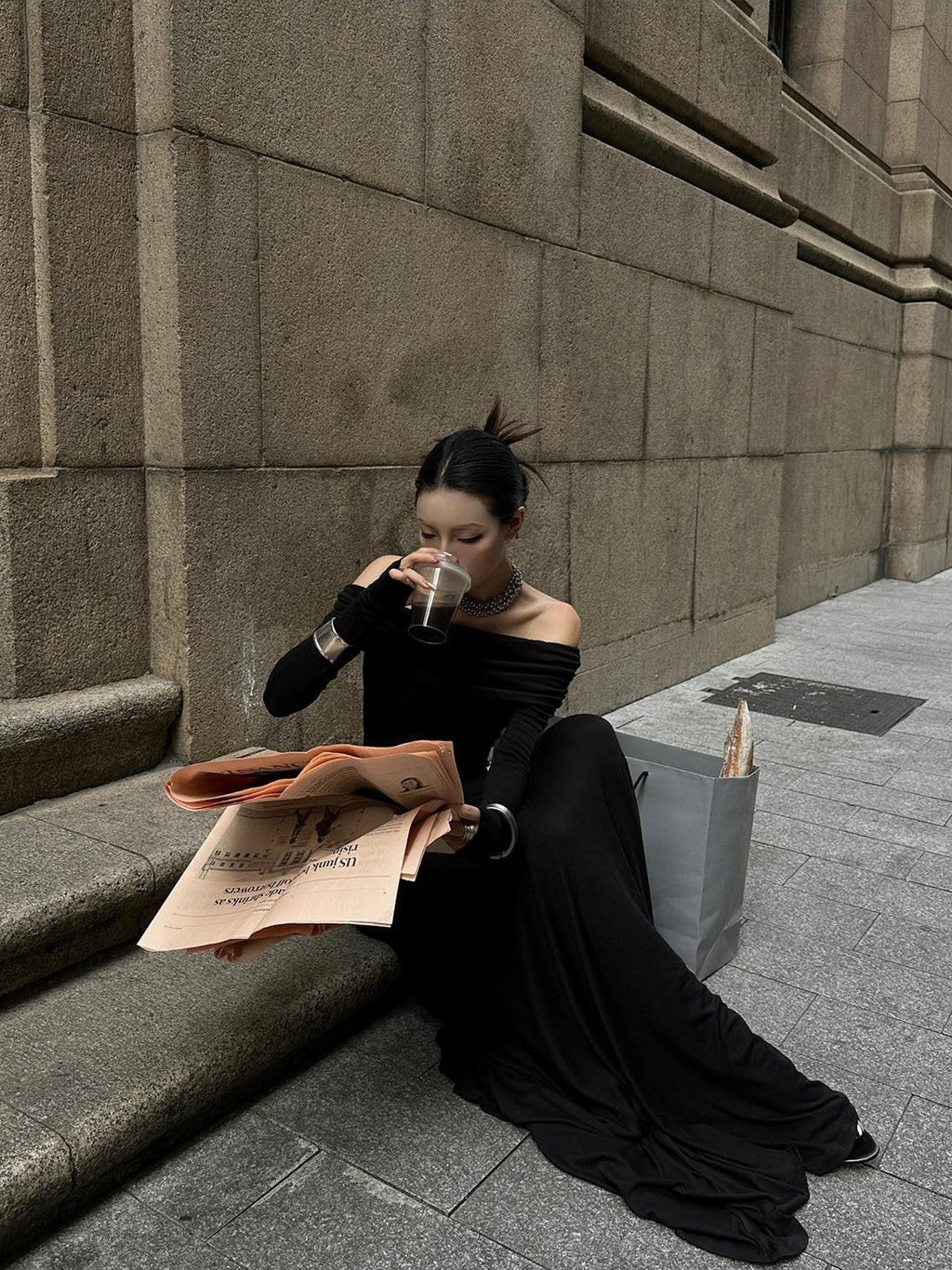 Fanptntox Black Bardot Long Sleeve Zipper Knit Women's Strapless Maxi Dresses