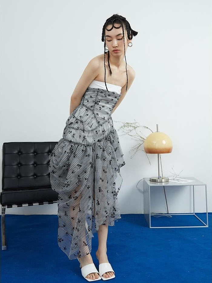 Jnylon studios Floral Print Organza Draped Ruched Asymmetric Women's Strapless Maxi Dresses