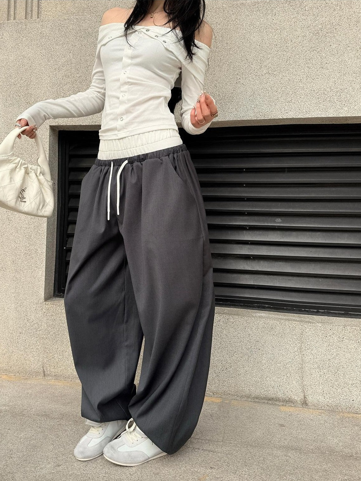 Fanptntox Grey Double Waist Low Rise Drawstring Loose Women's Other Fabric Wide-leg Pants