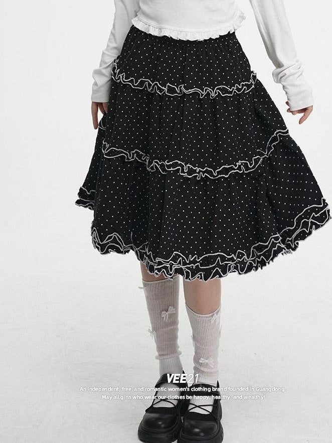 VEEMIX Black Polka Dot A Line Pleated Ruffle Women's Cotton Blend Midi Skirts