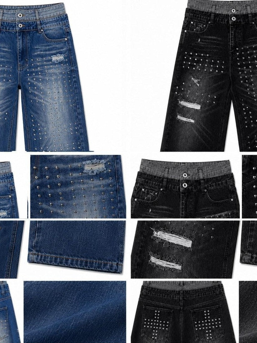 PAIKI Union Jack Studded Rhinestone Double Waist Straight Leg Women's Distressed Jeans