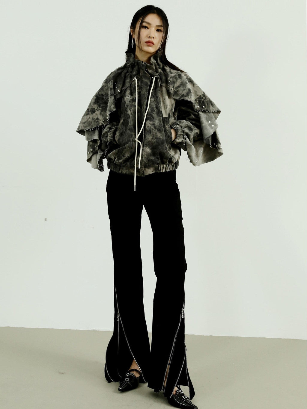 Jnylon studios Tie Dye Rivet Distressed Ruffle Raglan Sleeves Women's Denim Jackets