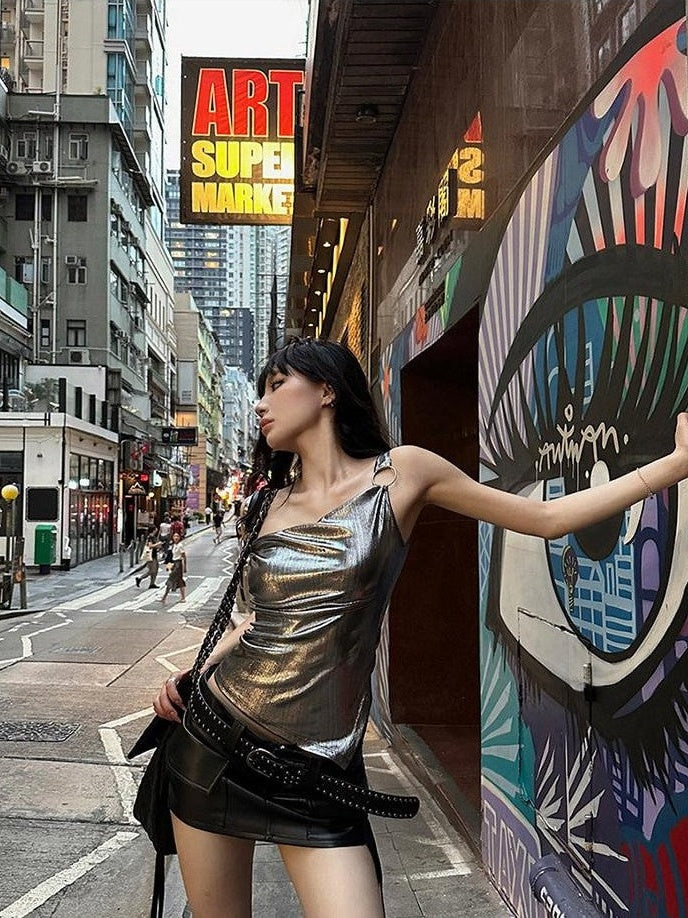 Fanptntox Silver Gray Metal Ring Slim Fit Streetwear Women's Camisoles