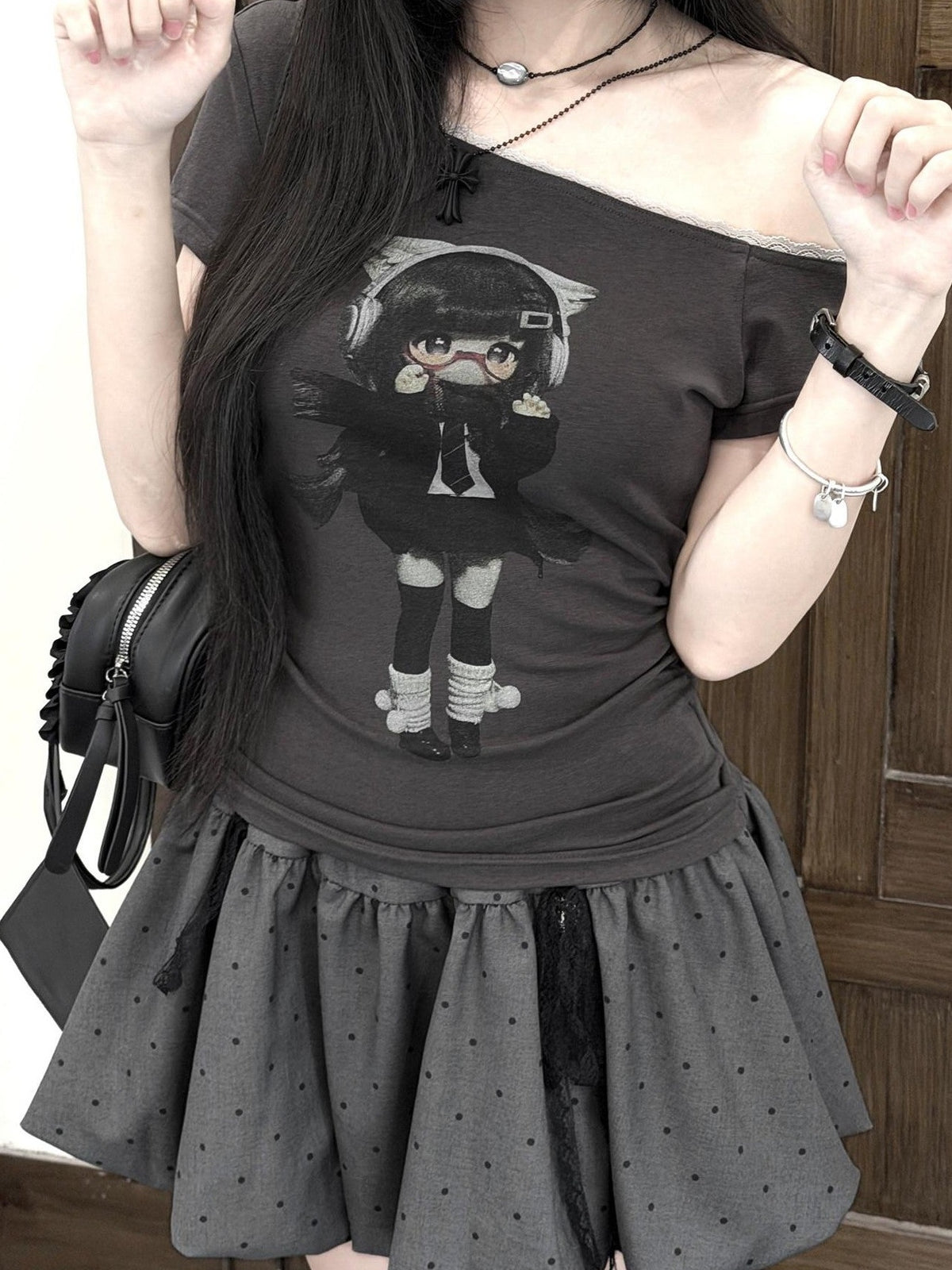 Kyouko Baby Lace Splice Print Asymmetric Shoulder Women's Off-shoulder T-shirts