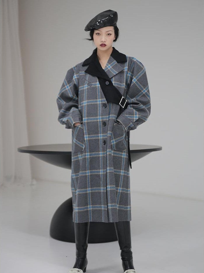 Jnylon studios Deconstructed Plaid Asymmetric Color Block Women's Wool Long Straight Coat With Pockets Buttons Wool Coats