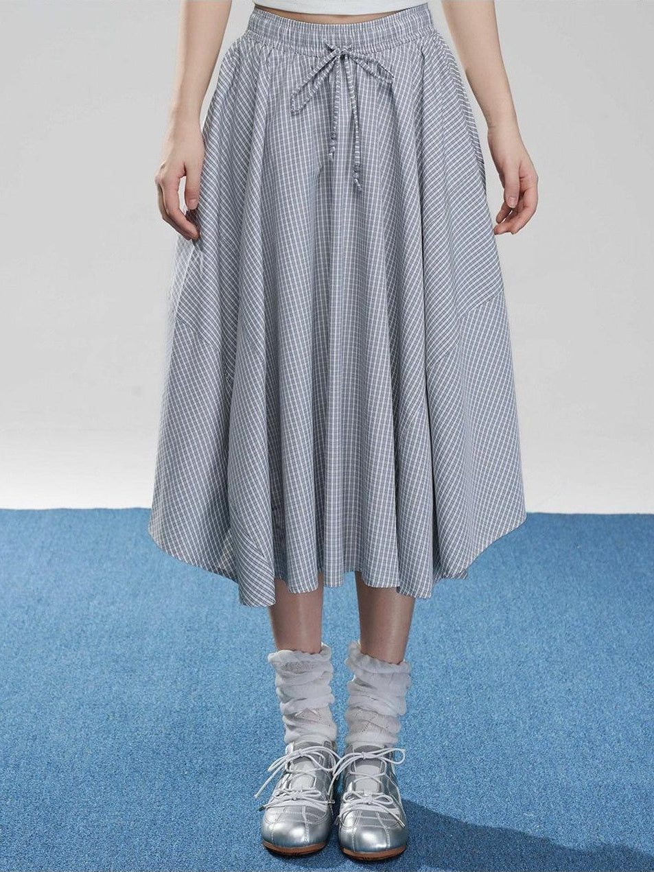 VEEMIX Fog Blue Fine Check A Line High Waist Elastic Women's Viscose Midi Skirts