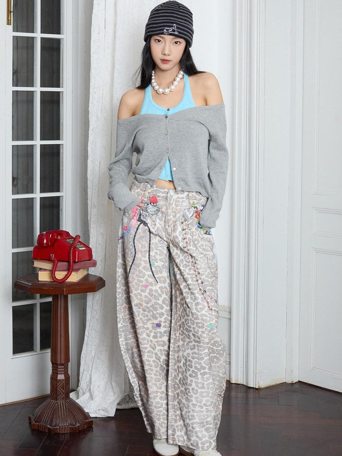 MOF Lace Trim Butterfly Bow Printed Wide Leg Women's Cotton Barrel-leg Jeans