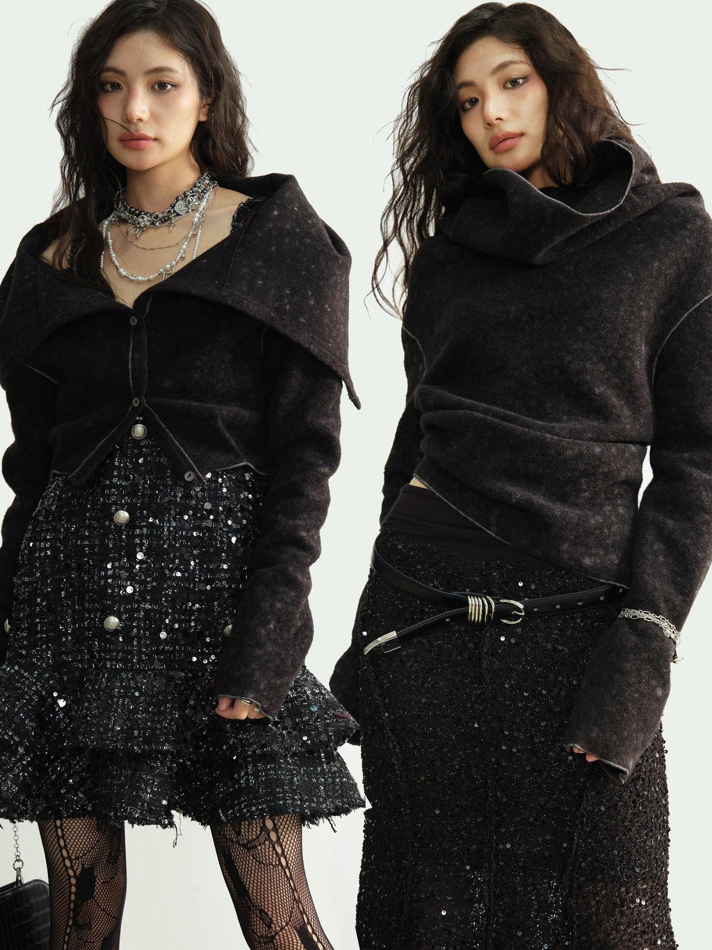 Jnylon studios Mottled Black Versatile Pile Collar Women's Stretch Tweed Cropped Jackets