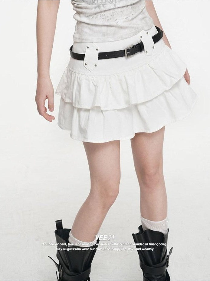 VEEMIX Black Pleated Ballet Puff A Line Belted Women's Cotton Rayon Blend Mini Skirts