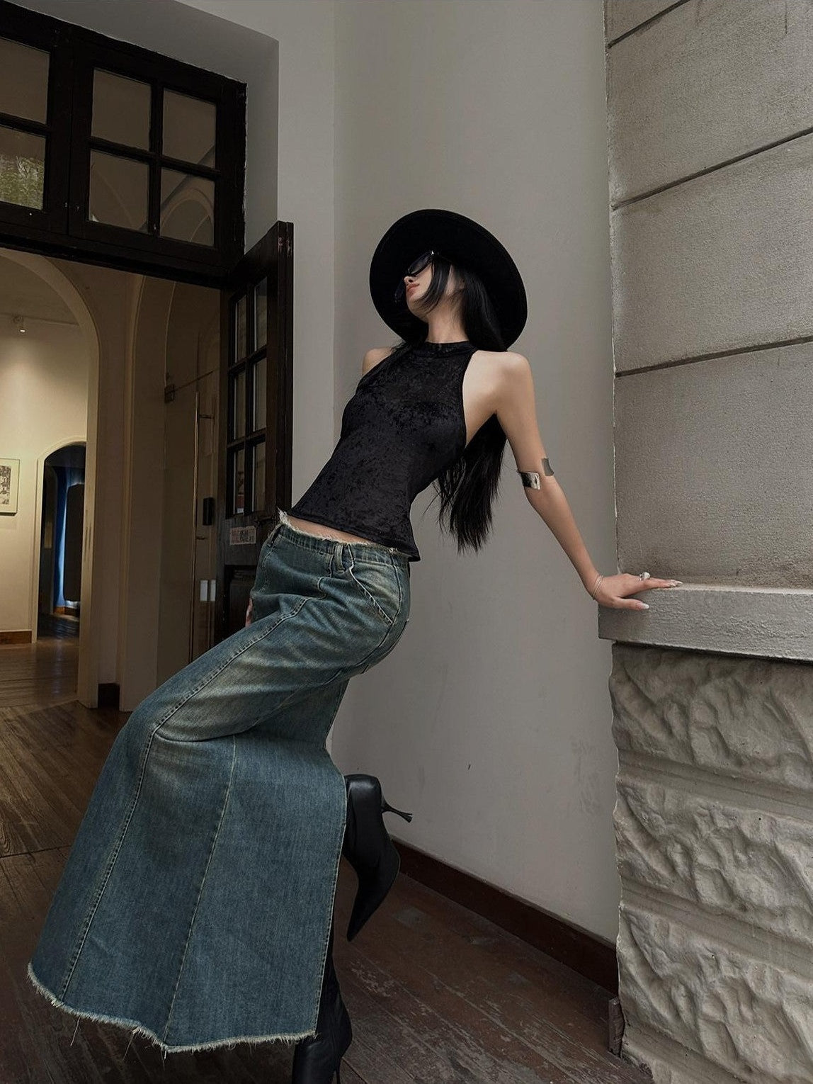 Fanptntox Frayed Hem High Waist A Line Back Slit Slim Fit Mid Length Women's Denim Skirts
