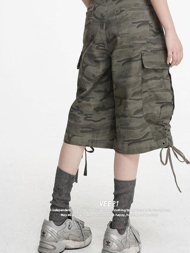 VEEMIX Cement Gray Camouflage Cargo Drawstring Pockets Women's Cropped Jeans