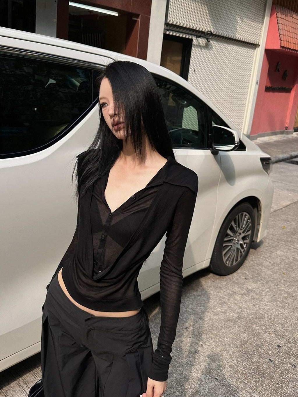 Fanptntox Sheer V-neck Faux Two Piece Sexy Street Women's Polyester Blend Shirts
