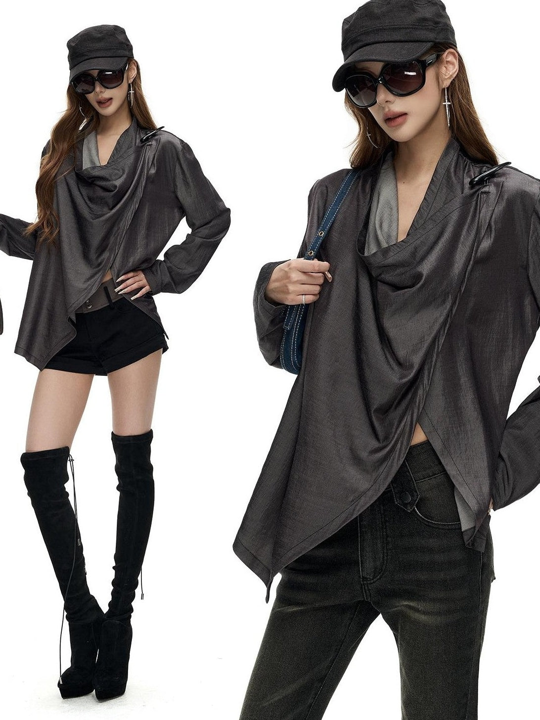 Fanptntox Asymmetric Draped Cow Horn Button Slit Hem Women's Loose Long Sleeve T-shirts