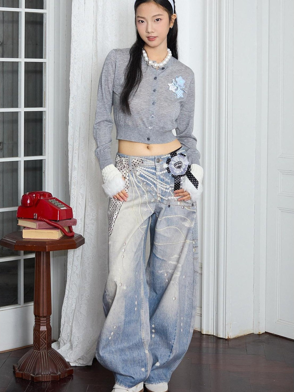 MOF Moonlight 3d Printed Lace Bow Pearl Chain Print Women's Cotton Barrel-leg Jeans