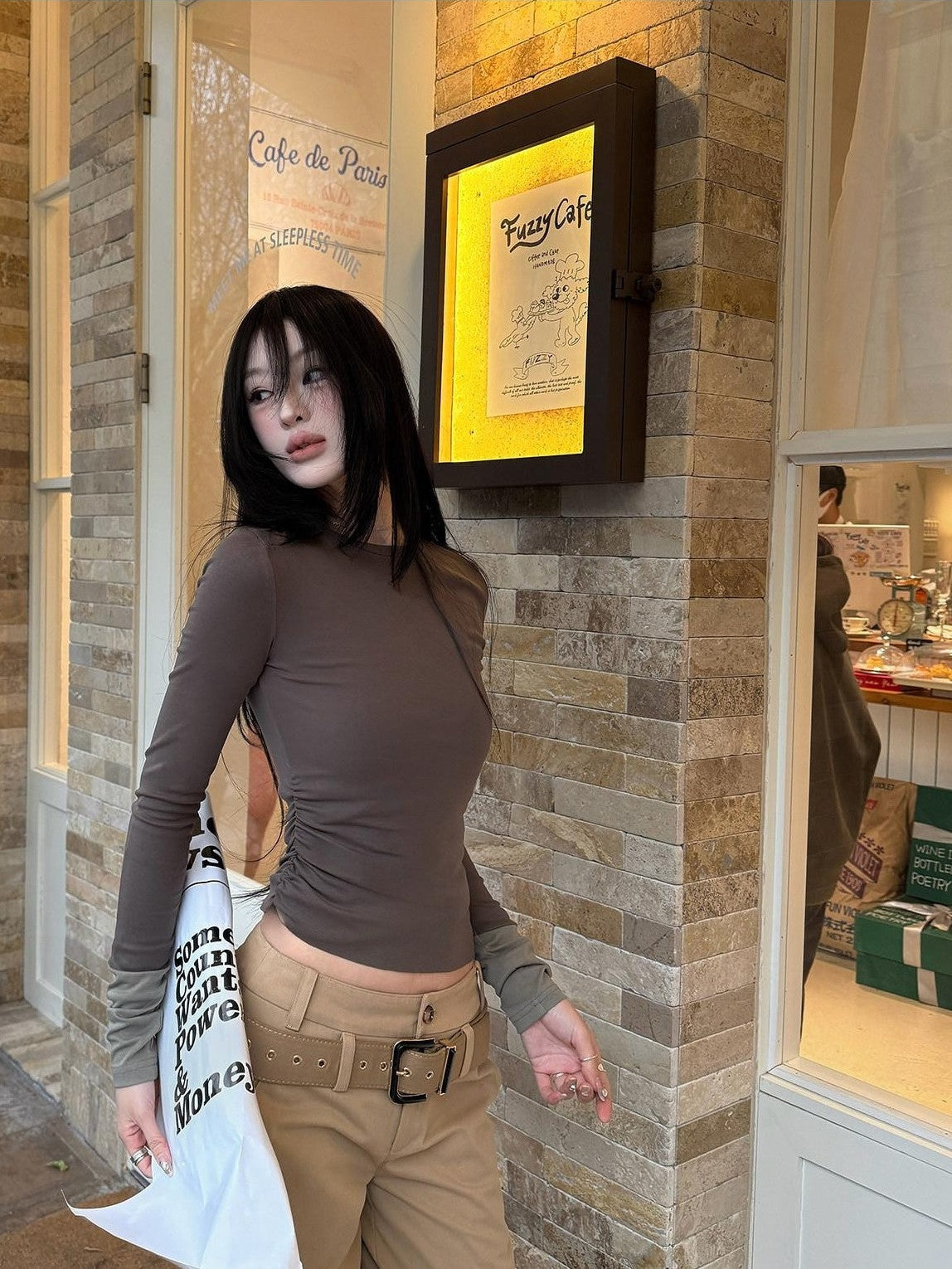 Fanptntox Brown Waist Pleated Knit Panel Slim Women's Knit Long Sleeve T-shirts