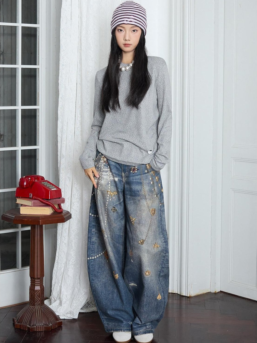 MOF Blue Loose 3d Gem Brooch Curved Blade Print Women's Denim Barrel-leg Jeans