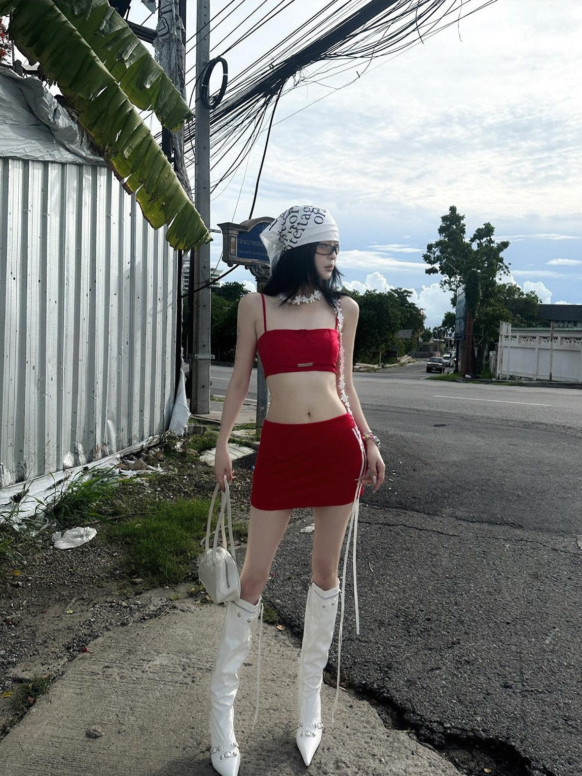 Fanptntox Red Cropped Strappy Camisole Webbing Detail Women's Matching Skirt Sets