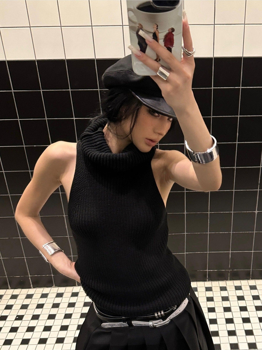 Fanptntox Solid Black High Neck Knitted Racerback Women's Slim Fit Other Fabric Tank Tops