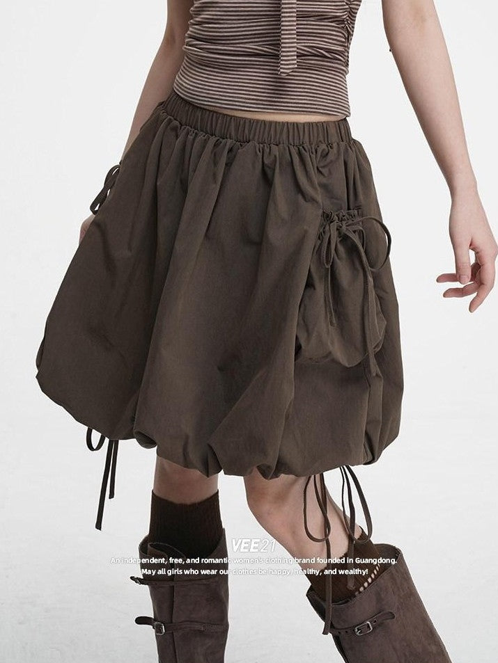 VEEMIX Black Double Pocket Tie Utility Women's Cotton Blend Pleated Puff Mini Skirts