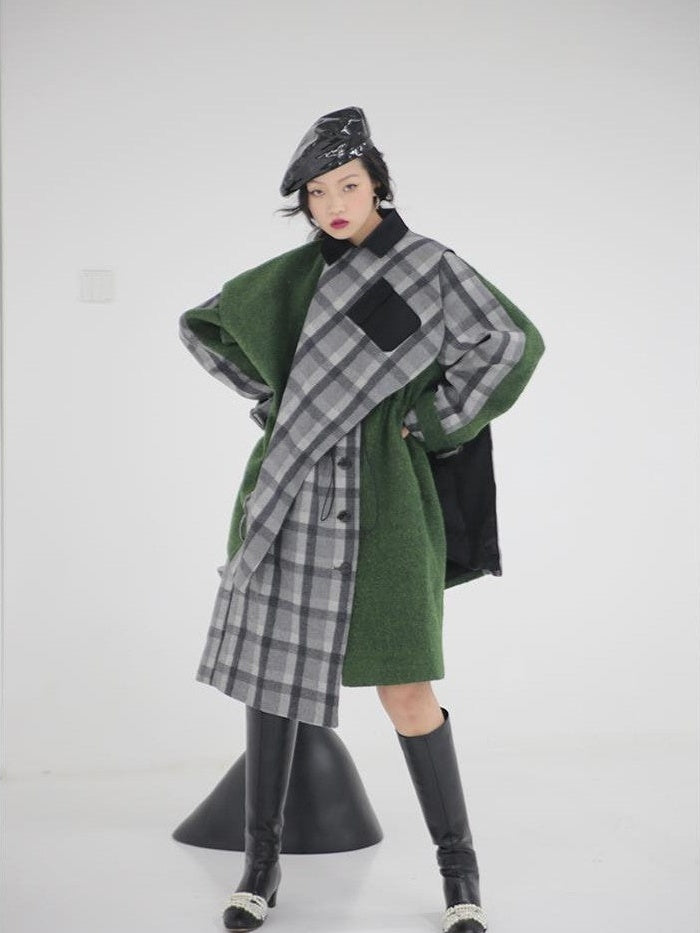 Jnylon studios Moss Green Plaid Deconstructed Patchwork Detachable Cape Women's Wool Coats
