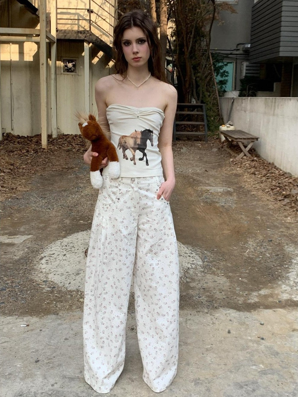 UNIVERSE Vintage Washed Rabbit Print Relaxed Fit Women's Cotton Straight-leg Pants