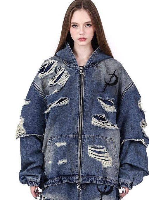 PINKSPINK Blue Double Layer Distressed Ripped Oversized Women's Cotton Denim Jackets