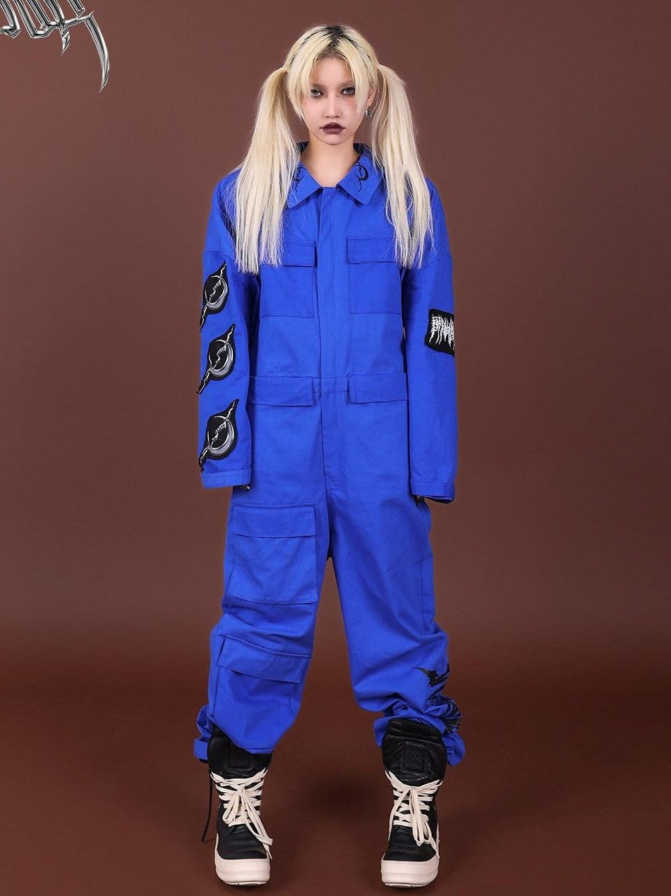 PINKSPINK Blue Patchwork Applique Embroidered Multi Pocket Women's Cotton Cargo Pants