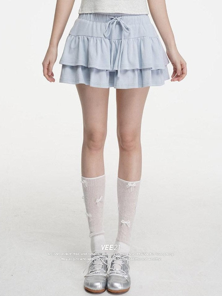 VEEMIX Double Layer Pleated Tiered A Line Low Waist Women's Cotton Mini Skirts