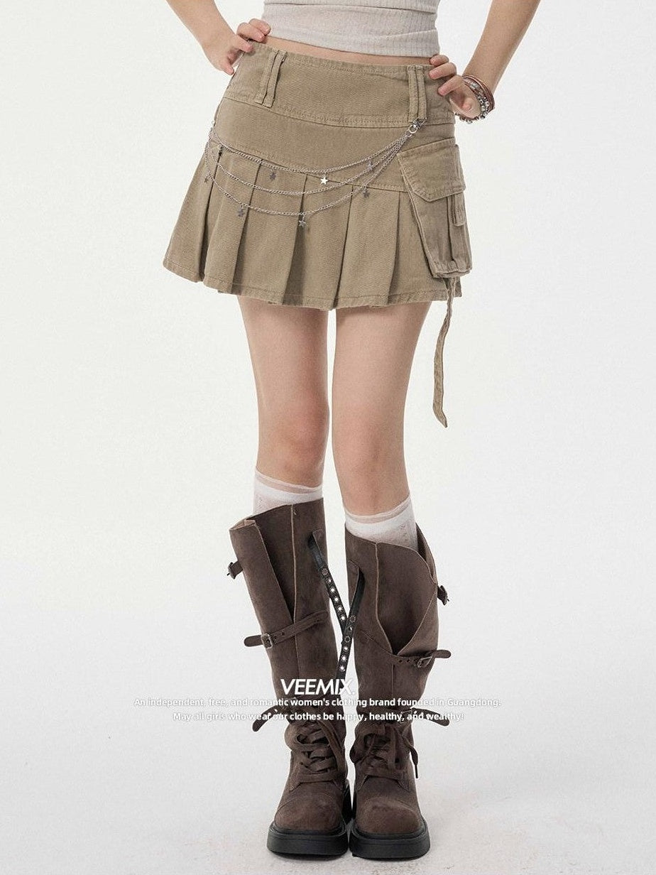VEEMIX Khaki Pocket A Line Low Waist Pressed Pleats Women's Cotton Denim Pleated Skirts