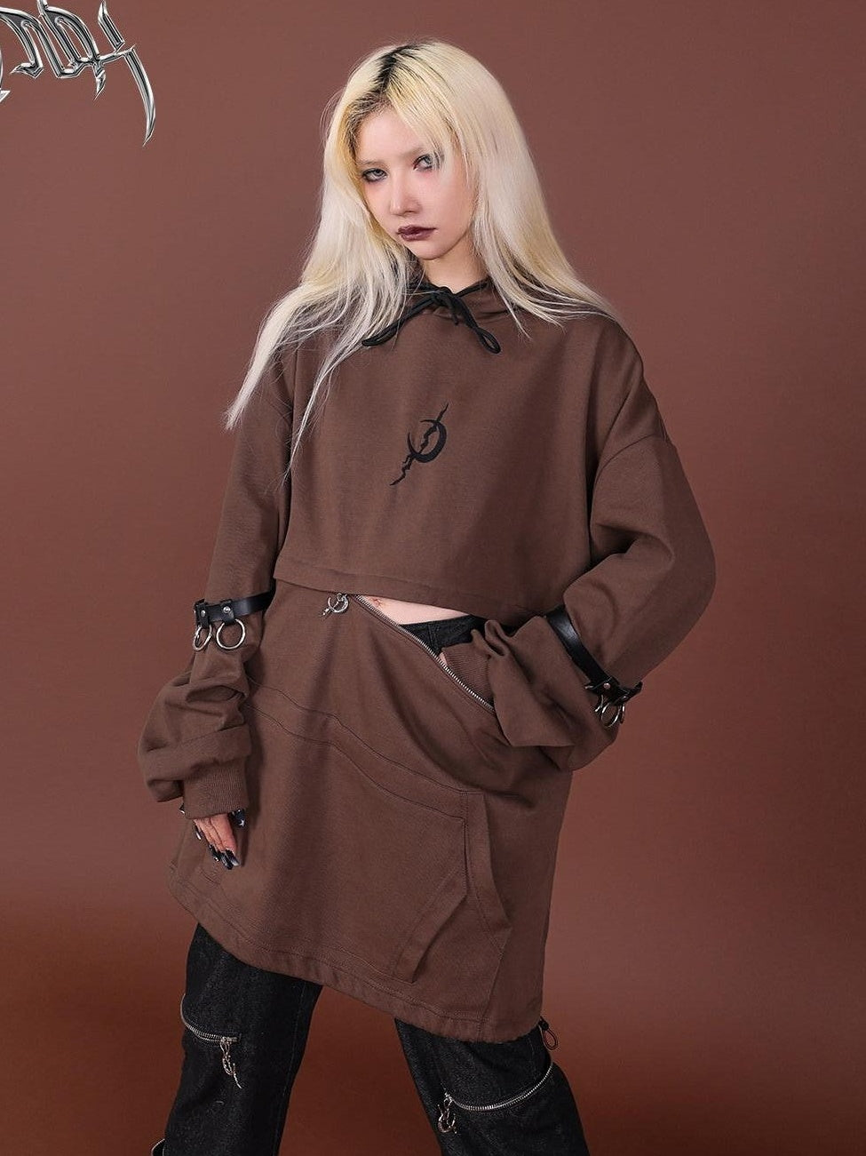 PINKSPINK Brown Embroidered Hooded Zip Convertible Women's Cotton Matching Skirt Sets