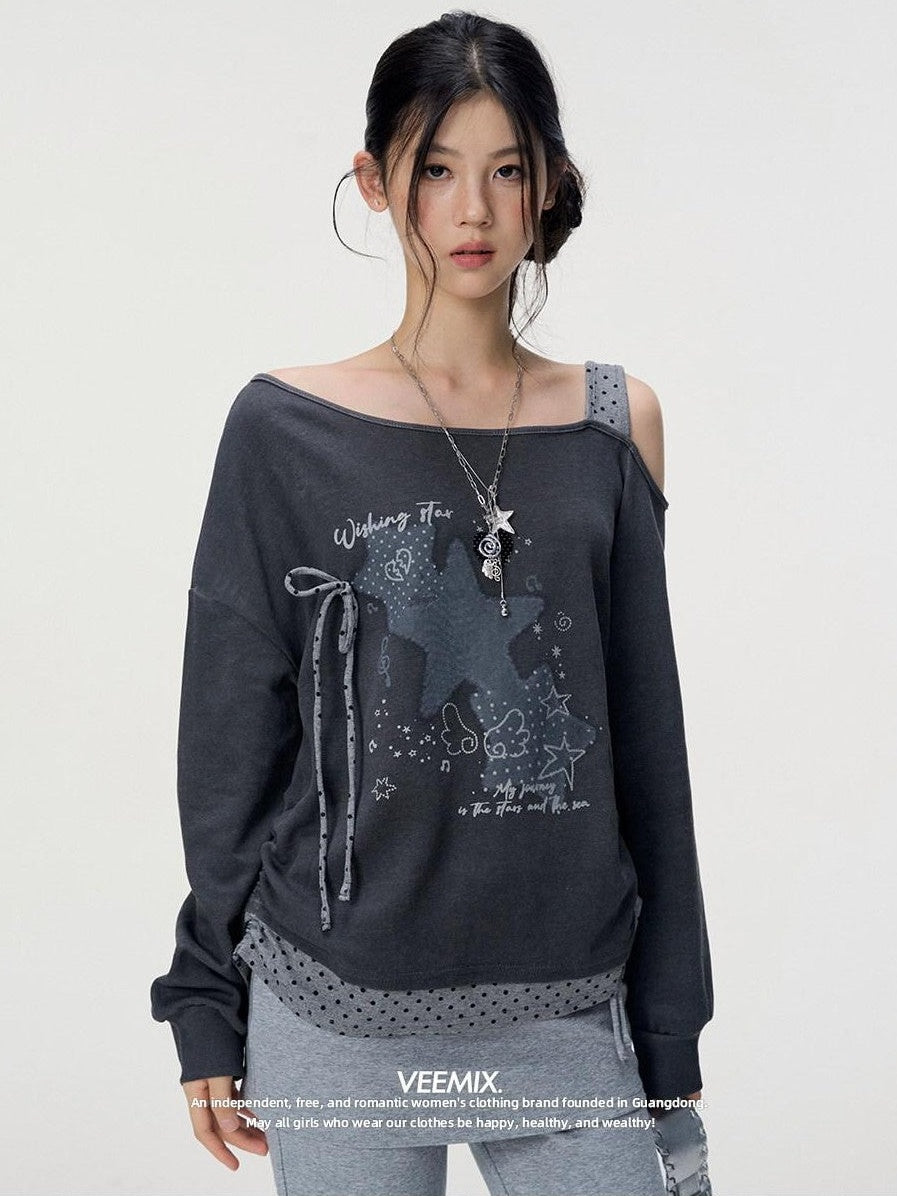 VEEMIX Off Shoulder Faux Layered Slanted Neck Polka Dot Women's Cotton Sweatshirts