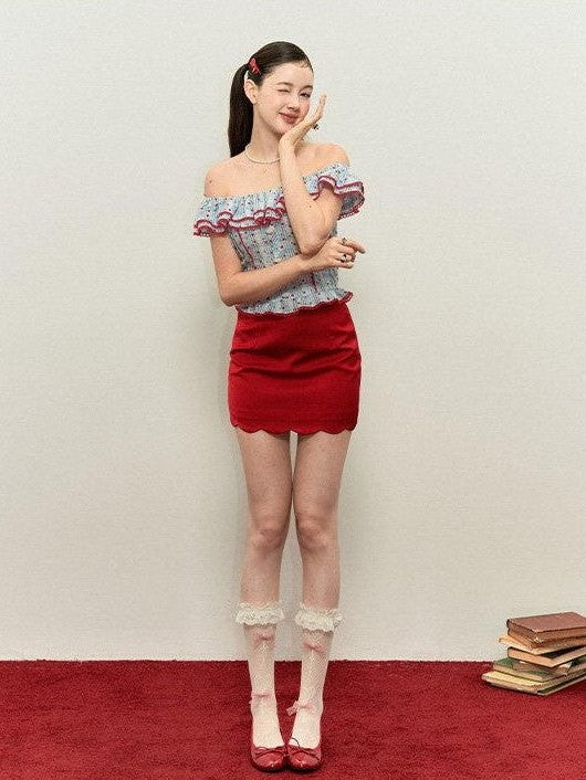 Kyouko Baby Accordion Pleat One Shoulder Women's Red Camisole And Skirt Matching Skirt Sets