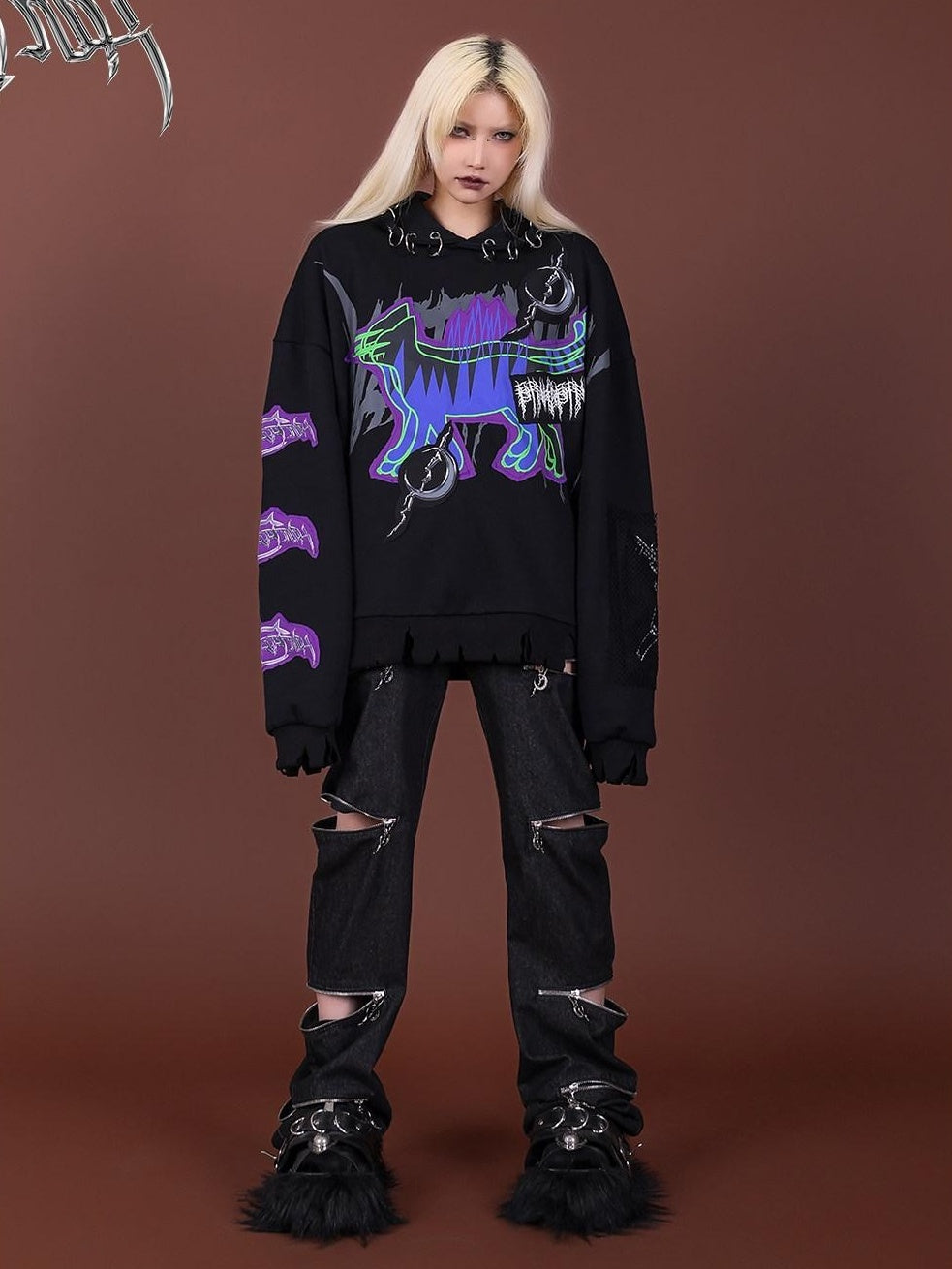PINKSPINK Horror Cat Patch Embroidered Ring Ear Distressed Women's Cotton Hoodies