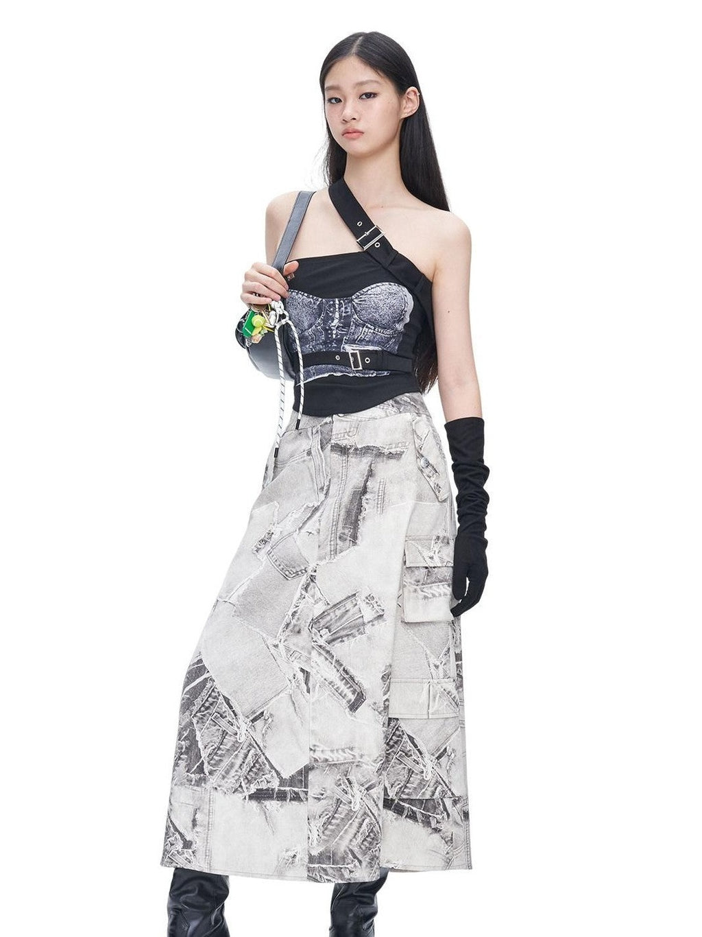 NextPassport MOF Black White Denim Print Asymmetrical A Line Women's Cotton Maxi Skirts