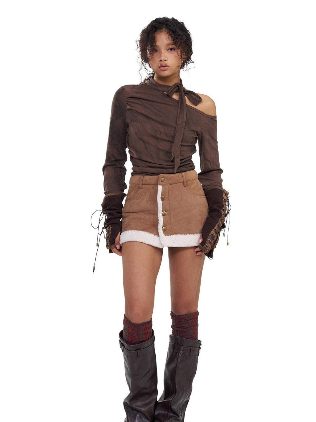 NextPassport MOF Brown Asymmetric One Shoulder Scarf Printed Women's Long Sleeve T-shirts
