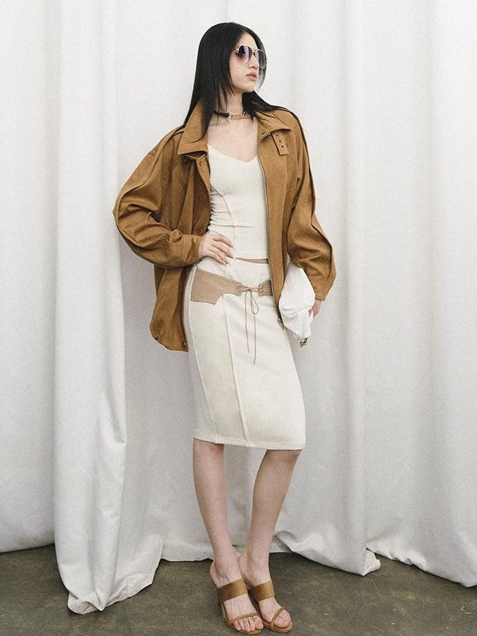 Fanptntox Slim Lowroundneck Longsleeve Women's Elastic Knit Low Waist Matching Skirt Sets