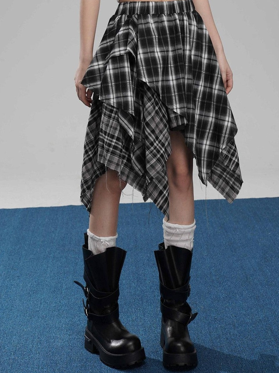 VEEMIX Coffee Plaid Asymmetrical High Waist A Line Women's Cotton Blend Midi Skirts